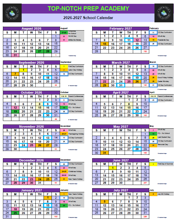 Top Notch Prep Academy 2026-2027 Calendar