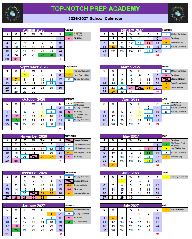 Top Notch Prep Academy - 2026-2027 Calendar